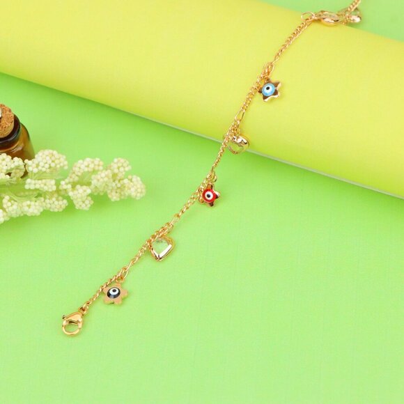 "Evil Eye Flower & Heart Charm Rose Gold Anklet, XPAL1190 - Picture 5 of 12